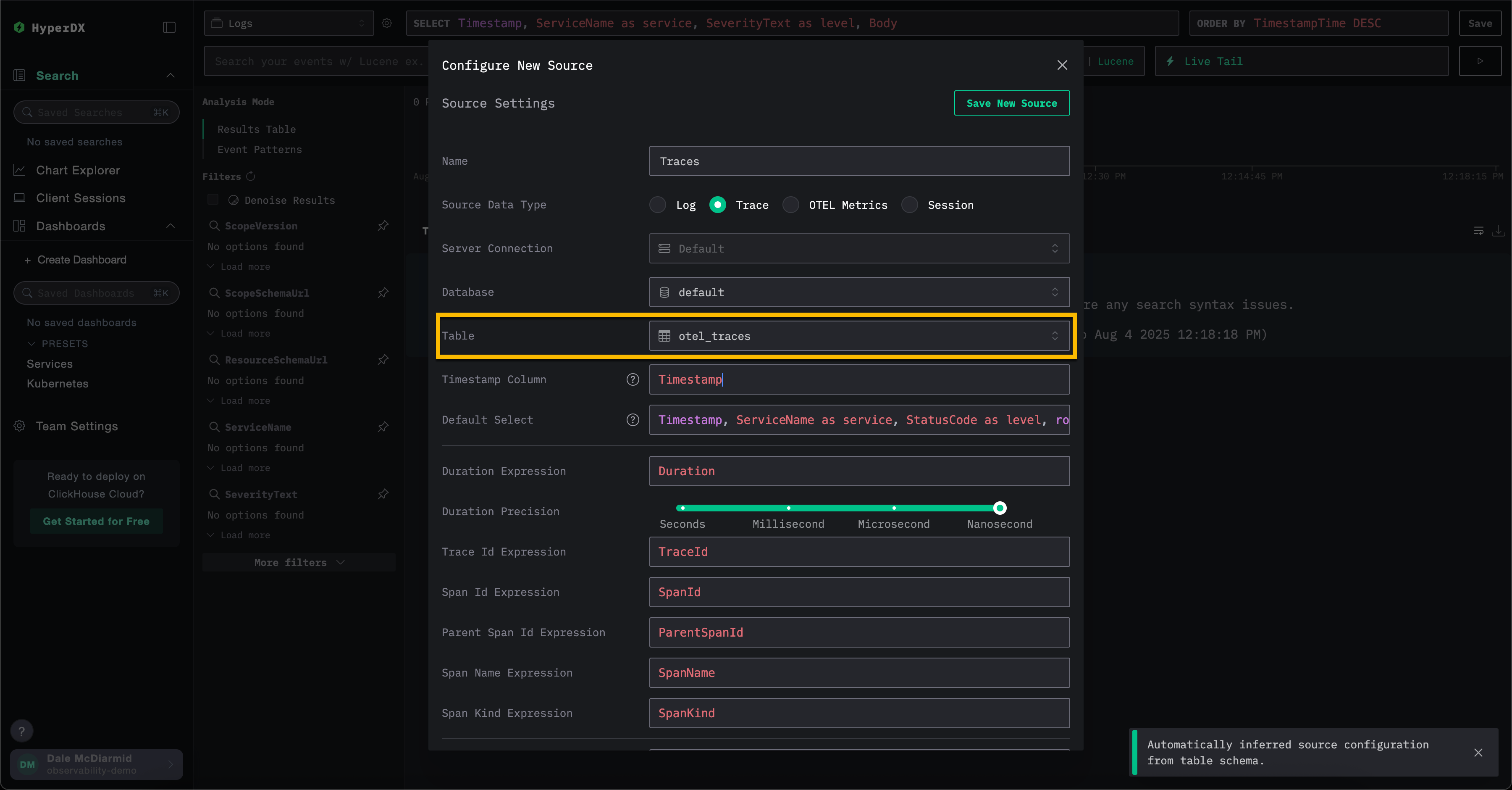 HyperDX создание источника трассировок